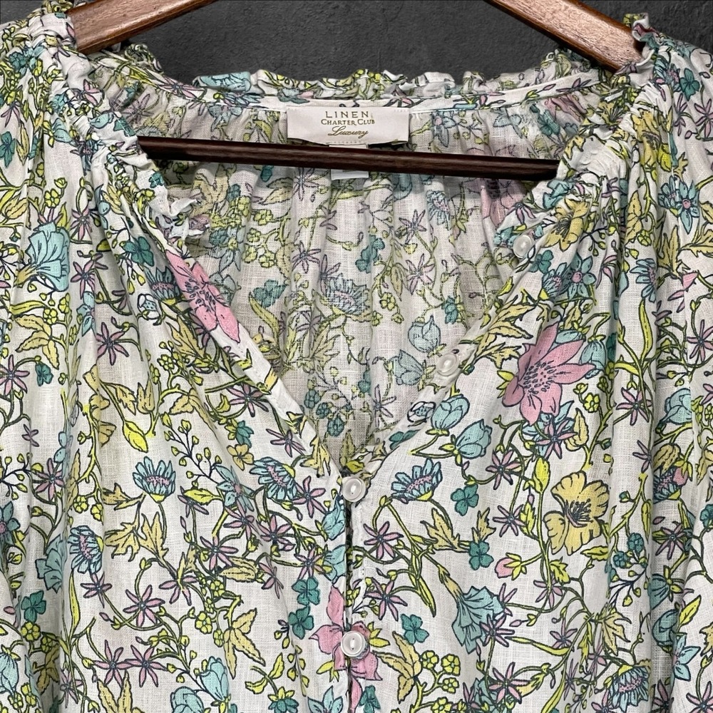 Linen Charter Club Luxury Floral Button Down Long Sleeve Top Blouse Womens - Picture 4 of 9